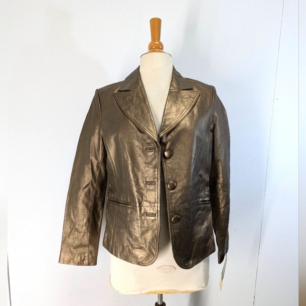 Gold Leather Button-Front Blazer Jacket